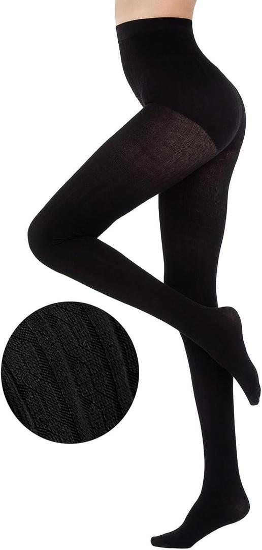 Women's Cable Knit Tights Soft Sweater Opaque Fall Winter Warm Tights for Women Ribbed Knit Striped Thick Stockings (Black)