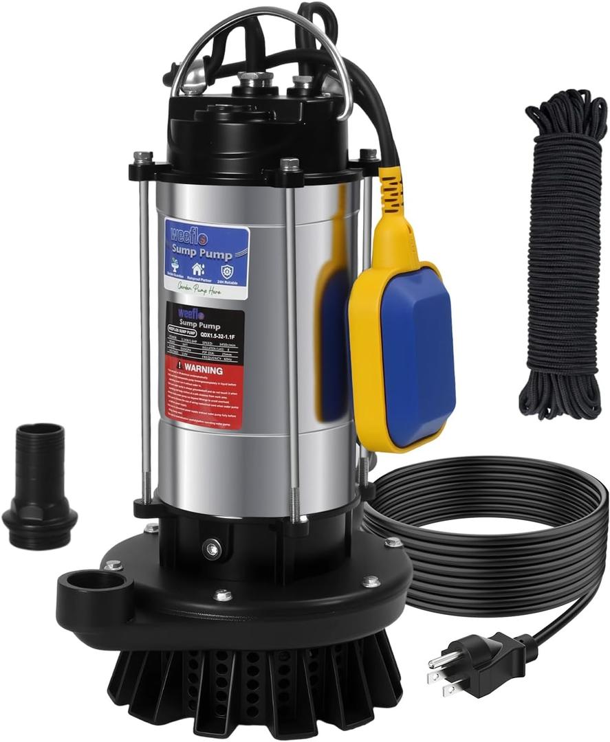 Weeflos 1HP Submersible Sump Pump Automatic Water Pump w/High Flow 4200 GPH 28ft Max Head, Irrigation, Swimming Pool, Garden Pond, Basement, Wells, 26ft Power Cord Stainless Steel(1HP/28FT)