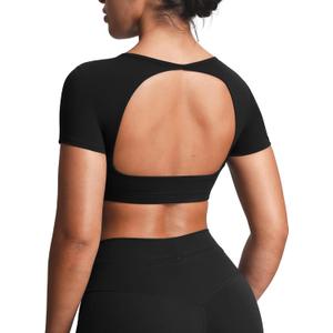 Aoxjox Short Sleeve Crop Tops for Women Clarissa Hollow Back Workout Cropped T Shirt Top (Medium, Black)