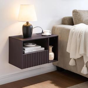BuildHom Modern Espresso Fluted Floating Nightstand with Charging Station, NightStand with Drawers, Bedside with USB Ports and Outlets, Bedroom Furniture (Right)