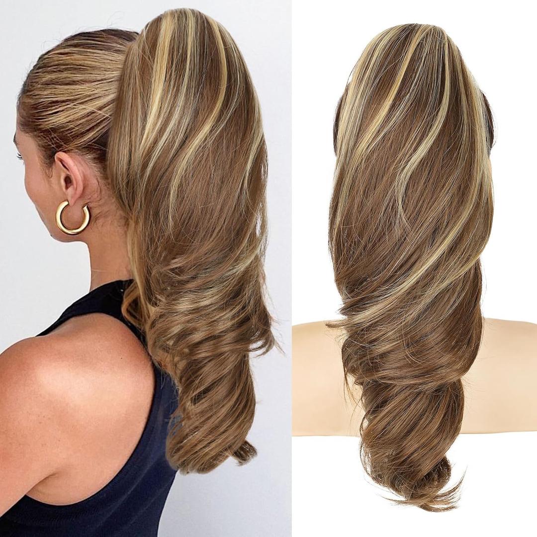 Lommel Ponytail Extension 18Inch Claw Clip Ponytail Extension Brown with Light Blonde Highlights Wavy Curly Claw Clip in Ponytail Hair Extensions, Natural Fake Ponytail Synthetic Hairpiece for Women