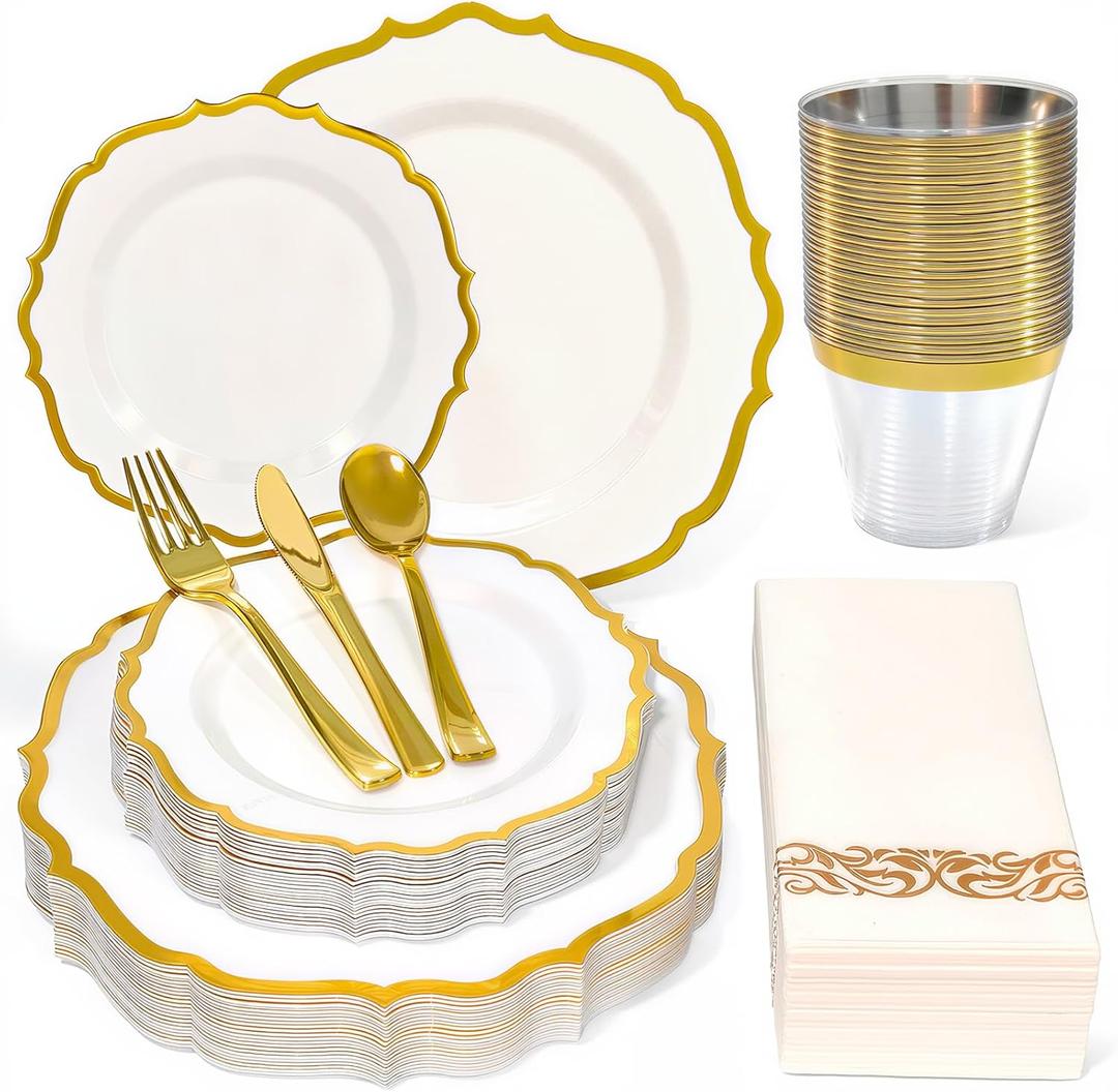 175 Plastic Dinnerware Set Gold Disposable Dinnerware Set for 25 Guests Include 50 Plastic Plates 25 Silverware Set 25 Cups and 25 Napkins for Mother's Day Party Wedding Birthday
