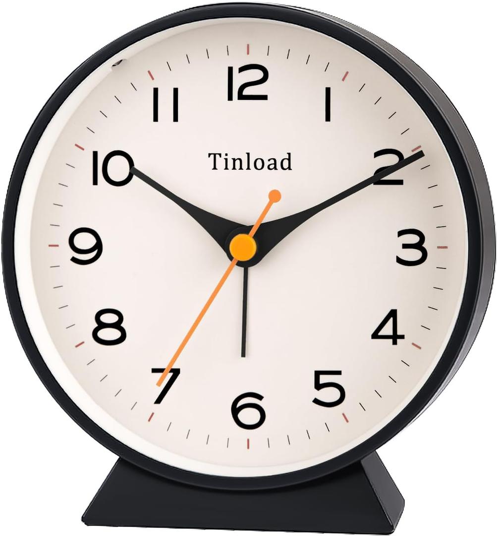 4.5" Battery Operated Retro Analog Alarm Clock, Small Silent Bedside Desk Clock,Lighted on Demand, Battery Operated, Snooze, for Living Room, Bedroom, Bedside, Desk(Black)