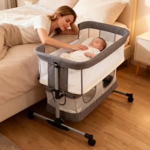 Bassinet Bedside Sleeper, 3-in-1 Baby Bedside Bassinet, 5 Height Adjustable Rocking Baby Crib, Breathable Full Mesh, Mosquito Net, Storage Basket, Stable and Secure Bassinets for Newborn Infant