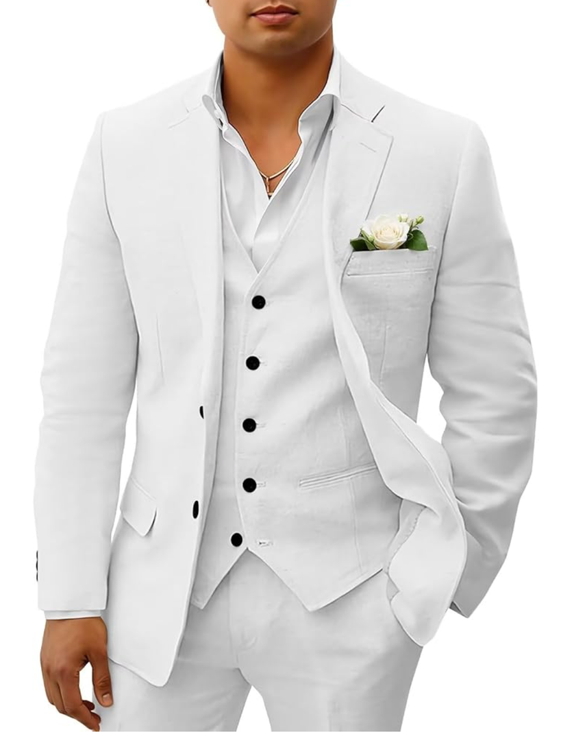 Wehilion Mens Linen Suits 3 Piece Beach Wedding Groomsmen Suits Casual Summer Linen Blazer Vest and Pants Tuxedo Set L