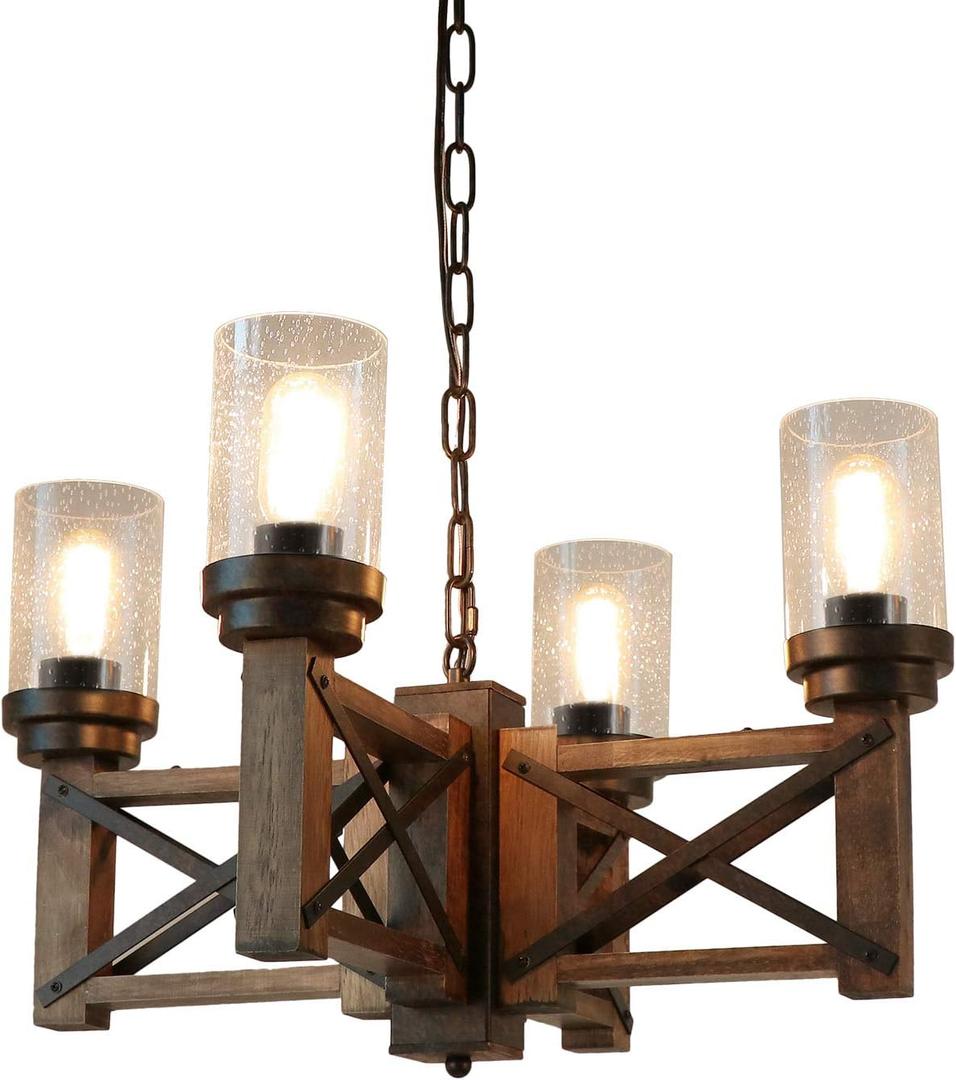 Wood Farmhouse Rustic Chandelier 4 Lights with Glass Shades, 22.8 inches Industrial Dinning Table Pendant Lamp Vintage Edison Hanging Light Fixture, Brown & Black, C0075