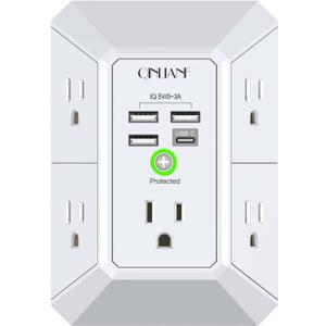 Wall Charger, Surge Protector, QINLIANF 5 Outlet Extender with 4 USB Charging Ports, 3-Sided 1680J Power Strip Multi Plug Adapter Spaced for Home Travel Office (White)