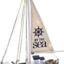 CoTa Global Ocean Blue Sea Boat with LED Light - Handmade Wooden Boat Decor, Beach Style Model Sail Boat Decorations, Nautical Themed Table Top Decor