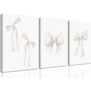 Djmwtb Coquette Beige Bow Wall Art Decor Posters, Cute Bow Bedroom Canvas Wall Art Decor Aesthetic for Teen Girls Room, Preppy Bow Pictures Wall Decor Paintings Prints, 16x24in Framed Set of 3