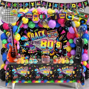 80s Party Decorations 90s Theme Birthday Decorations 80s Party Supplies with Back To The 80's Backdrop Tablecloth HAPPY BIRTHDAY Bannner Radio Boombox and Mobile Phone Balloon Arch Kit