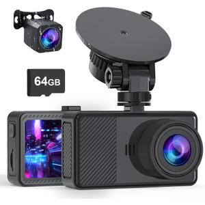 Dash Cam Front and Rear, 2.5K+1080P Dual Dash Camera for Cars, 2 Display Mini Car Camera, G-Sensor Dashcam, Night Vision, 24H Parking Mode, Loop Recording, 170Wide Angle, 64GB Card Included