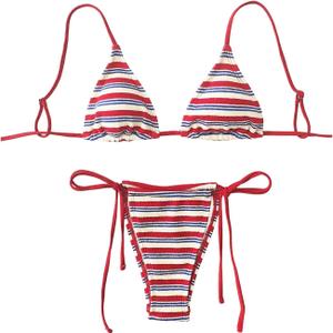 GORGLITTER Women's Triangle Bow Bikini Sets Striped High Waisted String Thong Swimsuit Summer Bathing Suit 2 Piece 2025 (Medium, Red and White)