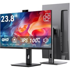 23.8 Inch Monitor with Pop-Up Webcam - 2K 2560 x 1440 IPS Computer Monitor, 100Hz Vertical Gaming PC Screen, Built-in 3MP Webcam & Microphone, HDMI, DisplayPort, Display for Office Home