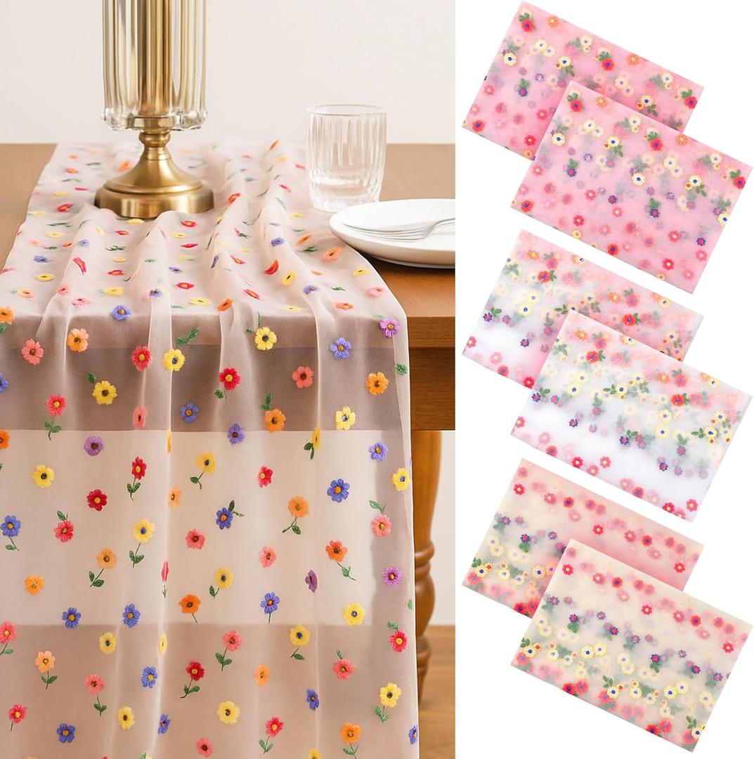 6 Pcs Embroidery Daisy Tulle Table Runners Bohemian Country Florals Tulle Lace Table Runner 120 Inch 10 Ft White Champagne Pink Lace Fabric for Home Dining Wedding DIY Craft
