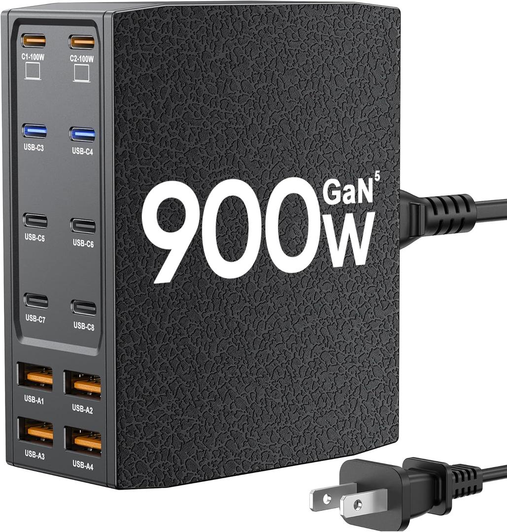 USB Charging Station (900W),12-Port USB C Charger Block with Dual 100W PD USB-C Fast Charging Station Hub for MacBook Pro/Air/All iPad Phone 17/16 15/14/13/Pro Max/Samsung Galaxy Note (Black)