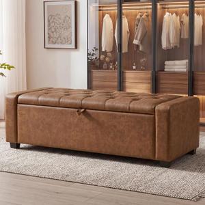 SONGMICS Storage Ottoman, Storage Chest Bench with Legs, End of Bed Bench with Safety Hinges, Pull Tab, for Living Room, Bedroom, 19.7 x 47.6 x 16.5 Inches, Synthetic Leather, Coffee Brown ULOM521KQ01