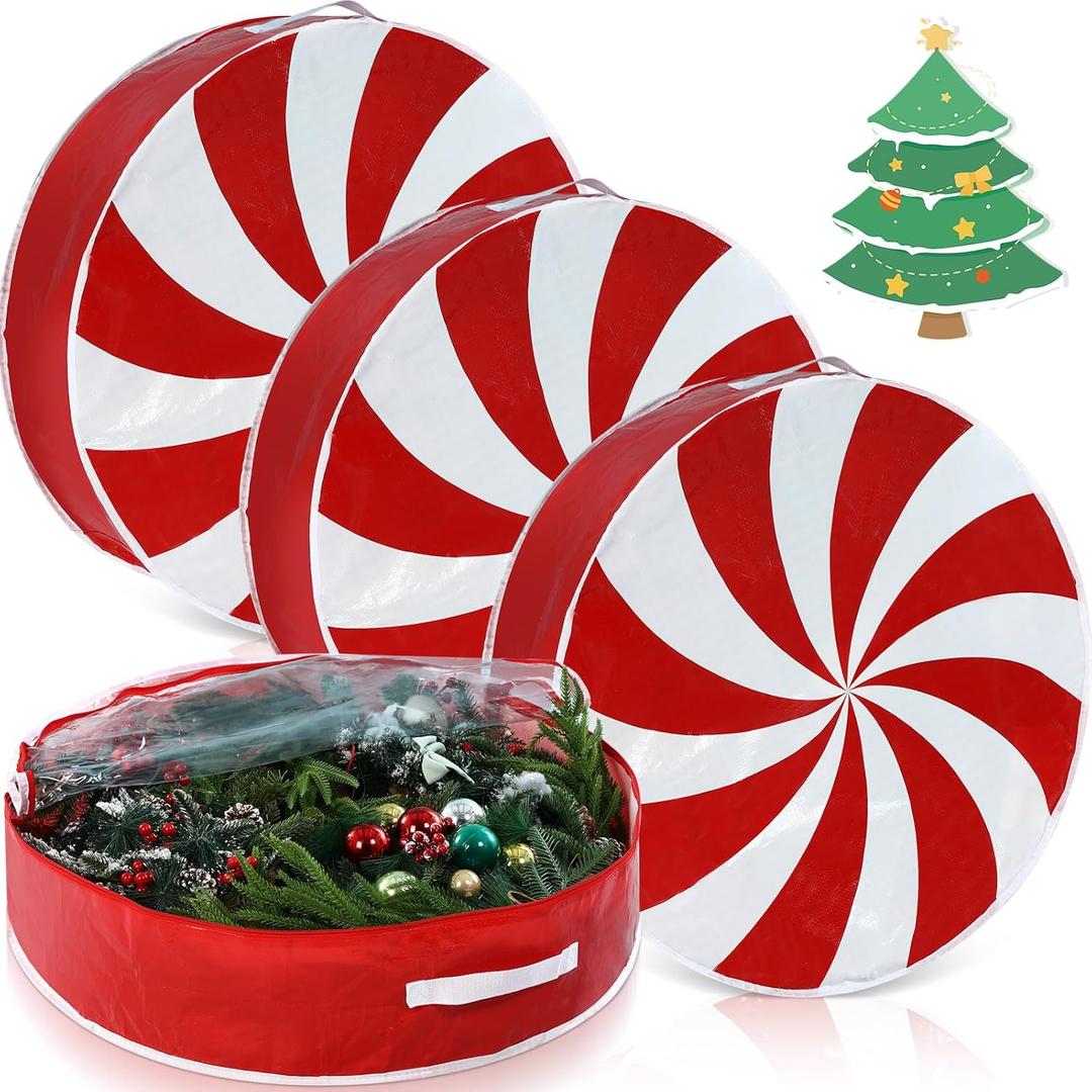 4 Pcs 36 Inch Christmas Wreath Storage Bag Candy Cane Wreath Storage Container Clear Window Dual Zipper Handle Red White Peppermint Garland Organizer for Holiday Decoration, Cute Lollipop