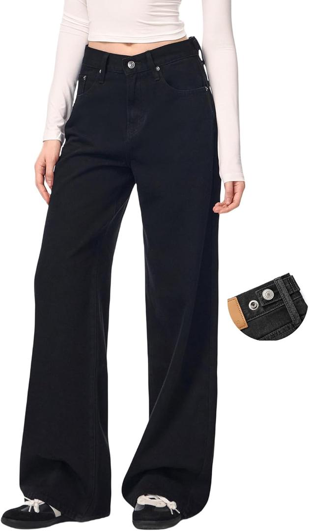 Women's Adjustable Waist Baggy Jeans with Snap-Button Waistband Wide Straight Leg High Rise Jeans Denim Pants Y2K Trousers (33, Black)