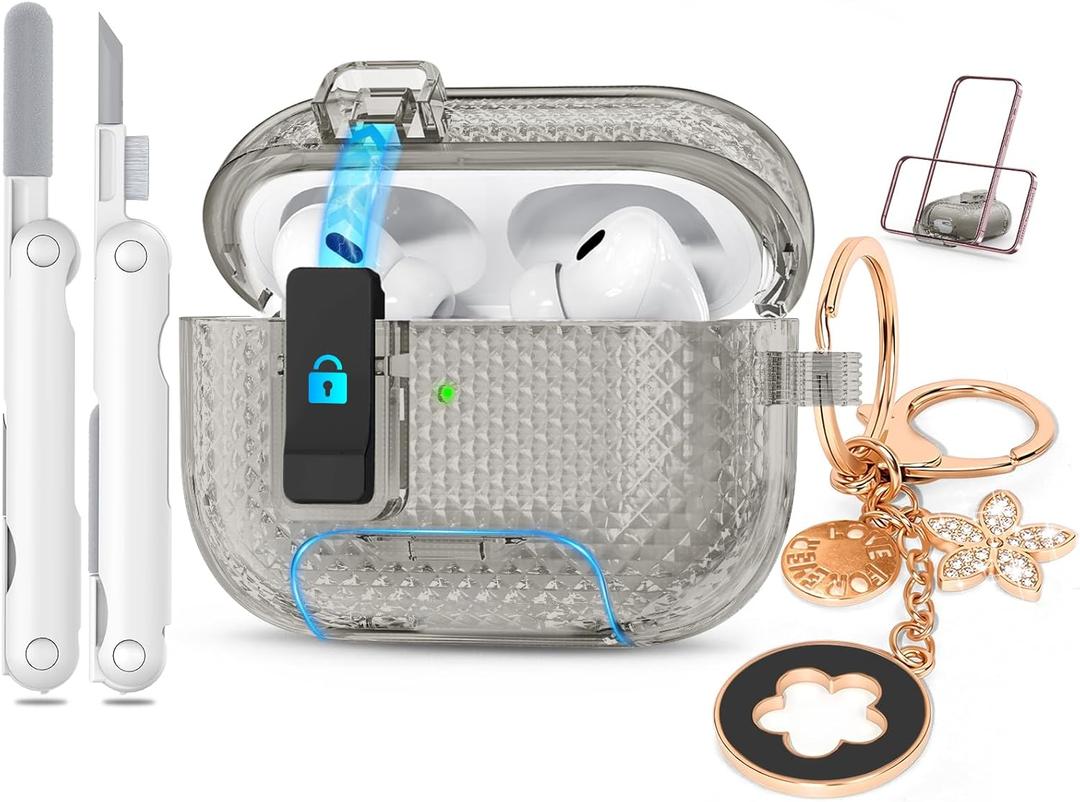 for Airpods Pro 2nd/1st Generation Case Shining Black with Lock&Bling Keychain for Women&Girly,Cute Soft TPU Clear Cases Cove for Airpods Pro 2 Case with Cleaning Kit,Phone Holder Function