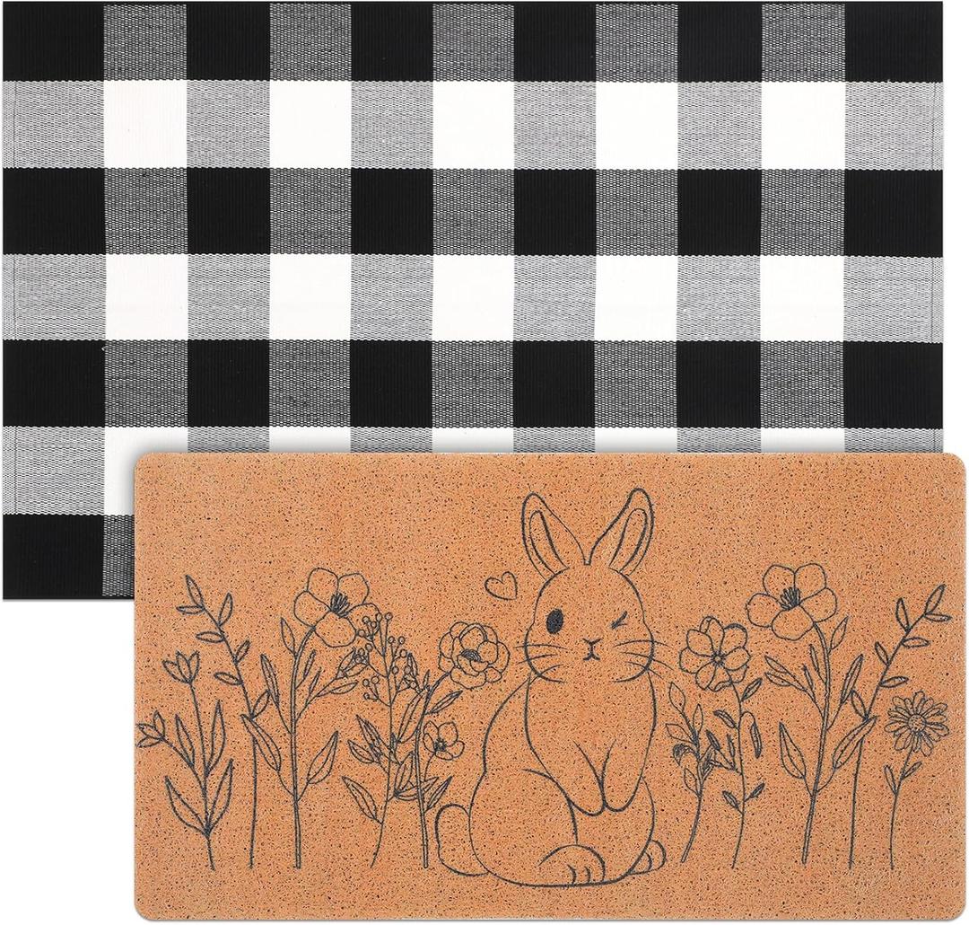 Nuanchu 2 Pcs Easter Coir Doormats Combo Outdoor Floral Bunny Welcome Mats Layered Buffalo Plaid Front Door Rugs Non Slip Floor Mats for Easter Spring Porch Entryway Indoor Outdoor Decor (29x17inches, 43x28 inches)