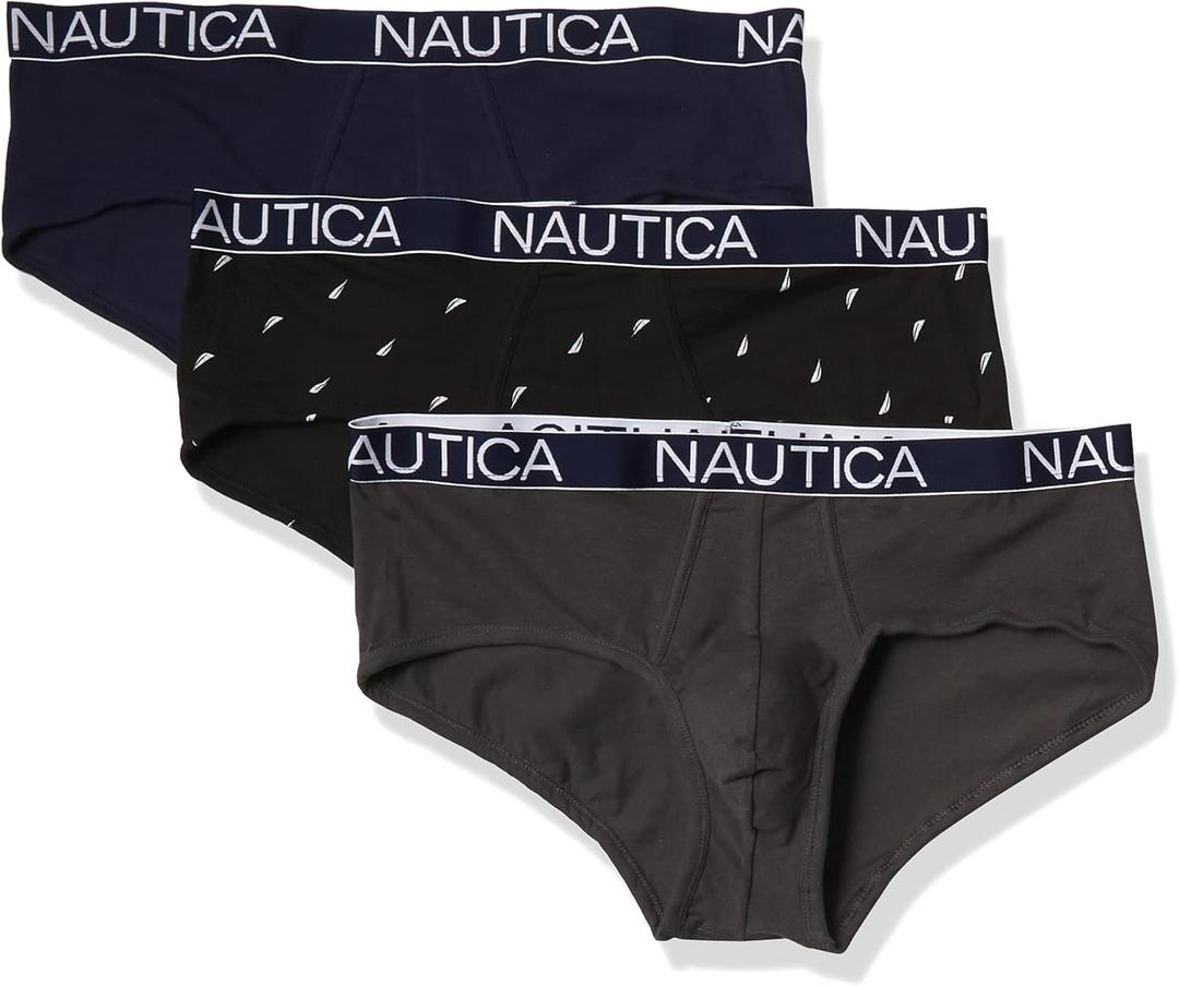 Nautica Men's Classic Cotton Stretch 3-Pack Briefs (Black, L)