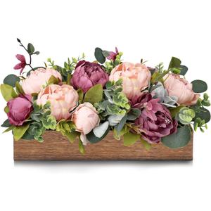 Pre-Made Flower Table Centerpieces for Dining Room Wedding Artificial Peony Table Decorations Wood Tray with Fake Flowers for Living Room Party Bar Kitchen Table(Dusty Mauve & Blush Pink)