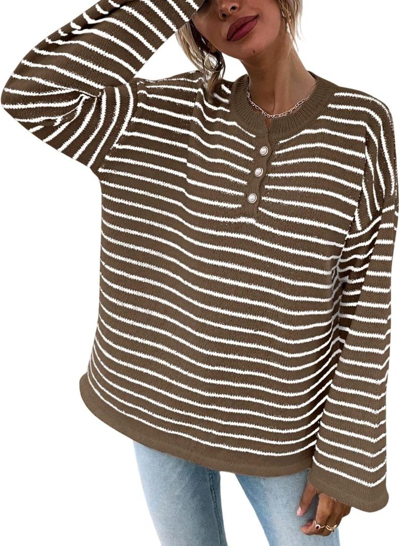 SHENHE Women's Oversized Striped Sweaters Long Bell Sleeve Buttons Up Ribbed Knit Henley Tops Winter Sweater (Medium, Khaki Multi)