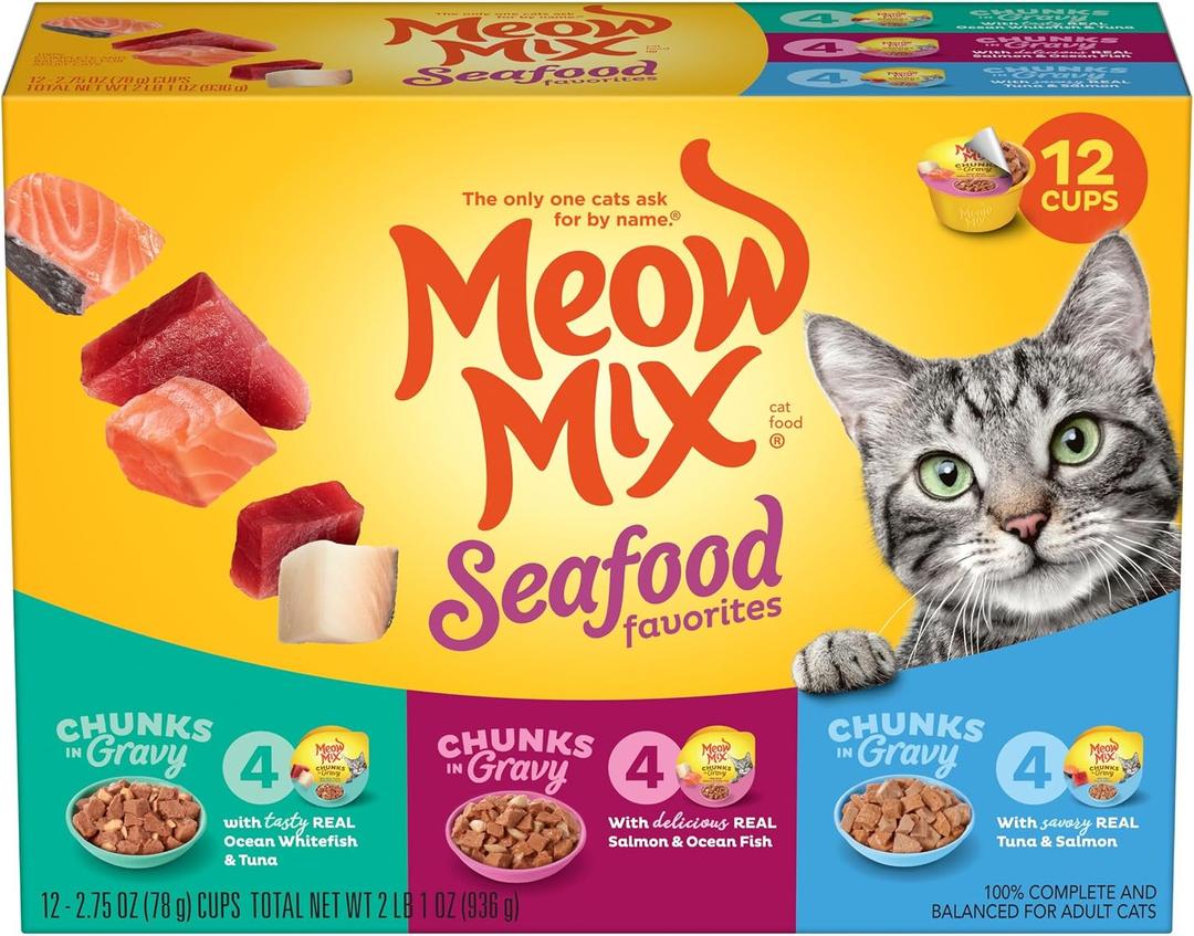 2 x Meow Mix Savory Morsels Seafood Favorites Variety Pack, 2.75 oz Can (12 Pack) (EXP 03/25/27)