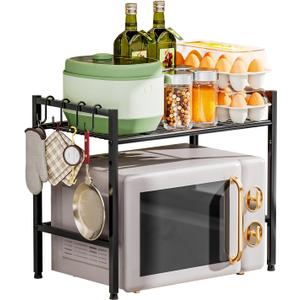 Microwave Stand Countertop, 2-Tier Adjustable Metal Oven Rack with 4 Hooks, Heavy Duty Carbon Steel Organizer Shelf for Microwave/Oven/Toaster, Kitchen Storage (Black, 2-Tier)