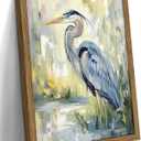 Framed Blue Heron Wall Art, Vintage Coastal Bird Pictures Wall Decor, Nature Wildlife Animal Oil Painting, Rustic Wetland Landscape Canvas Prints for Living Room Bathroom Bedroom – 16x24in