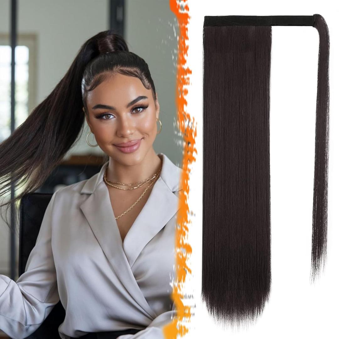 BARSDAR Darkest Brown Straight Ponytail Extension - 18 Inch Long Straight Wrap Around Ponytail for Women, Clip in Ponytails Hair Extensions Synthetic Brown Pony Tails Hairpieces Daily