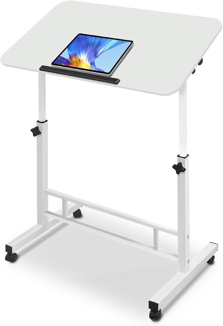Aconcept Tiltable Small 32 x 16 inch Standing Desk, White Sit Stand Up Rolling Desk with Wheels, Height Adjustable 25-44" for Tablet Laptop and Walking Pad
