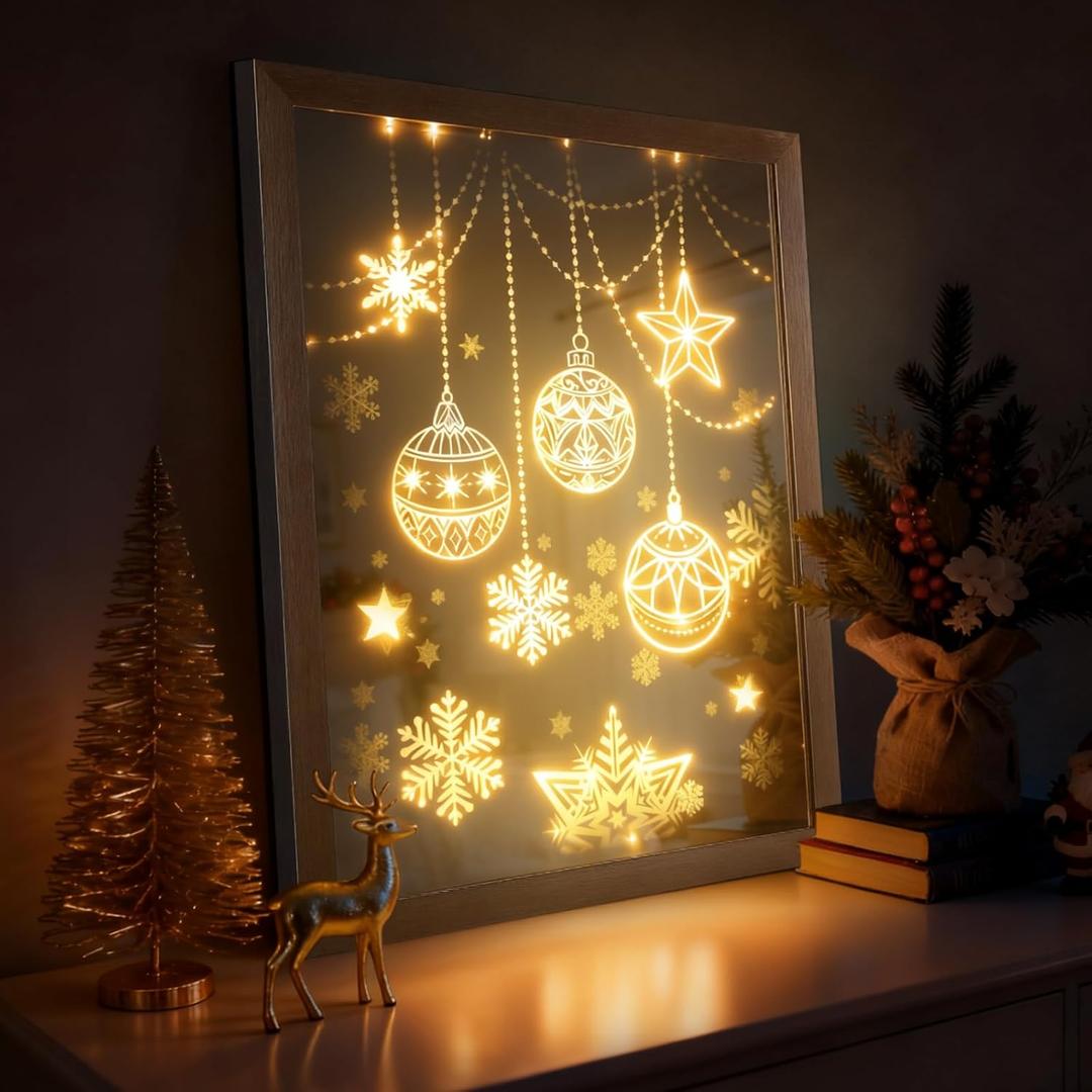 VIYYIEA Christmas Decor+Mirror+Led Light, Versatile 3-in-1 Design, Line Ornaments Wall Art, Decorative Mirror with USB Power, Modern Illuminated Wall Decor for Living Room 20L x 16W