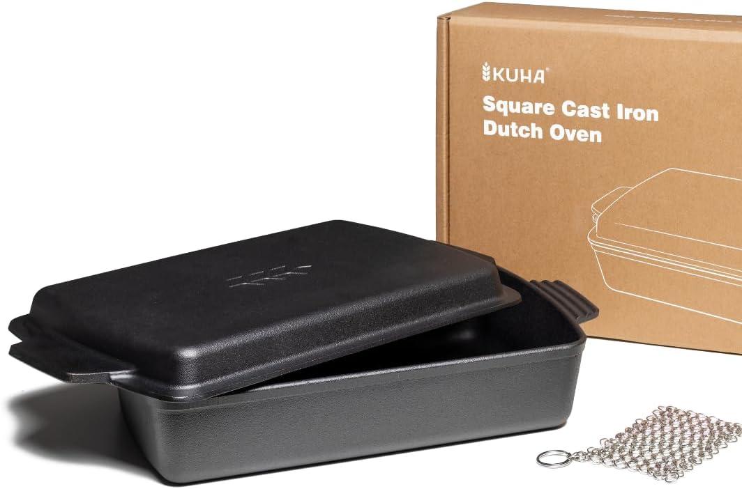 Kuha 2-in-1 Square Cast Iron Dutch Oven, 6 QT – Skillet Lid & Casserole Dish, Pre-Seasoned 13×9 Baking/ Roasting Pan, Oven-Grill-Campfire Safe, Comes with Chainmail Scrubber