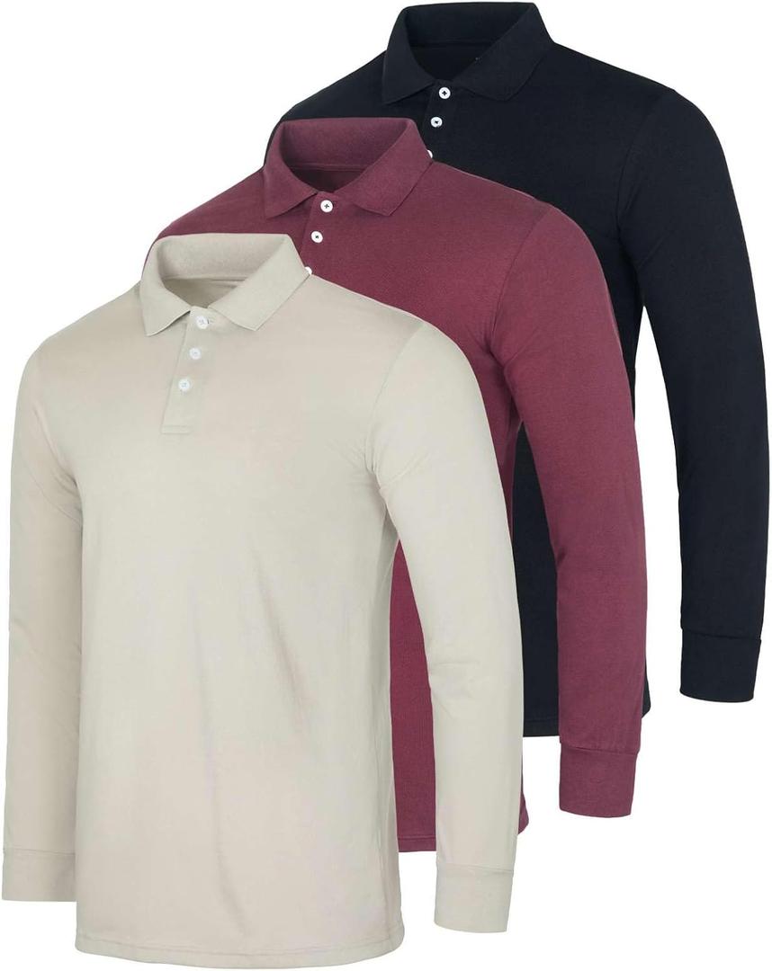 Real Essentials 3 Pack Men's Cotton Jersey Long-Sleeve Polo Shirt - Casual Workwear Office (X-Large)