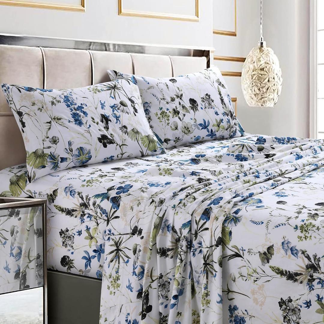 Tribeca Living California King Bed Sheet Set, 300 Thread Count Soft Cotton Sateen, Floral Print with Extra Deep Pockets, 4-Piece Bedding Set, Amalfi Blue/Multicolor