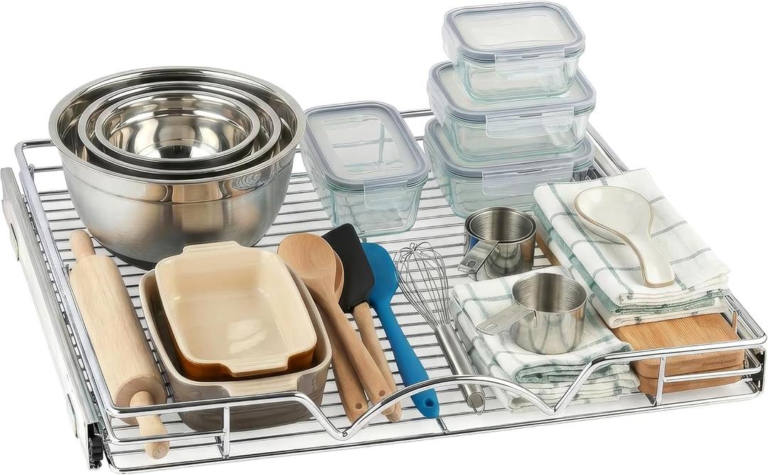 HOLDN STORAGE Pull Out Cabinet Organizer - Heavy Duty Steel with Smooth Slide-Out Drawers, Chrome Finish - 22" W x 17" D Basket, Fits 23.25" Cabinet Opening