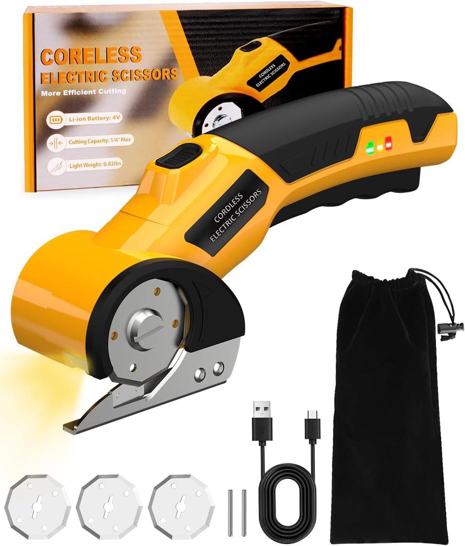 Cordless Electric Scissors,4V Rechargeable Cardboard Cutter Heavy Duty Scissor with Safety Lock & LED Light for Box Carpet Plastic Fabric (Yellow)