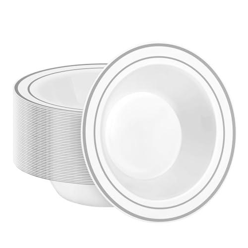 BESTSTAR 50 Pack Disposable Soup Bowls with Silver Rim, 12oz Premium Heavy Duty Plastic Dinner Bowls for Party, Wedding and Holiday