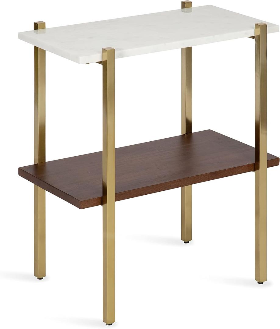 Kate and Laurel Abcott Midcentury Side Table, 20 x 12 x 24, Walnut Brown and Gold, Decorative Two-Tier Bedroom Nightstand Table with Genuine Marble Tabletop