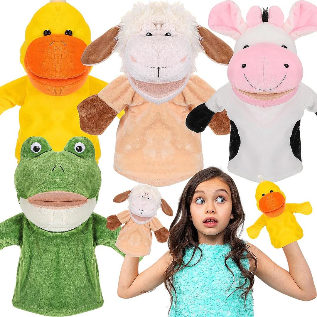 RoundFunny 4 Pcs Hand Puppet Animal with Working Mouth 9.8 Inch Animal Puppet Soft Plush Toy for Storytelling Theater Preschool Birthday Gifts(Cow, Frog, Duck, Sheep)