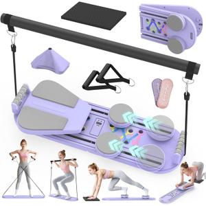 Pilates Board Pilates Reformer Set for Women, 7 in 1 Foldable Pilates Equipment with Timer, Portable Pilates Machine for Home Workout, Fitness, Exercise, Ab, Core (Purple)