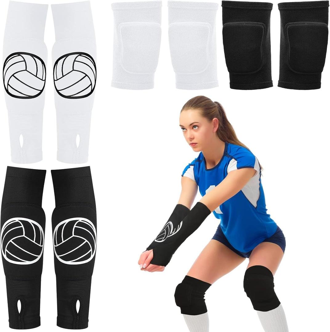 Sosation 2 Set Volleyball Knee Pads and Volleyball Arm Sleeves with Protection Pad Compression Forearm Wrist Guard with Thumb Hole Soft Breathable for Hitting Passing (Black, White)