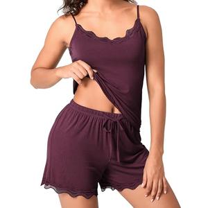 BAMBOO COOL Women's Pajama Sets Lace Trim PJ Set with Shorts Sexy Ruffles Sleepwear for Women, L