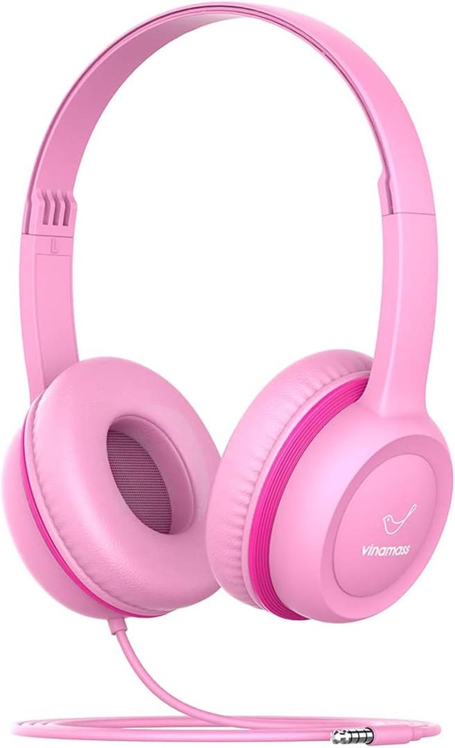 vinamass Kids Headphones, Wired Headphones for Kid with Safe Volume Limiter, Kid Headphone with Cord 3.5mm Jack, On-Ear Girls Boys Toddler Headphone for School (Pink)