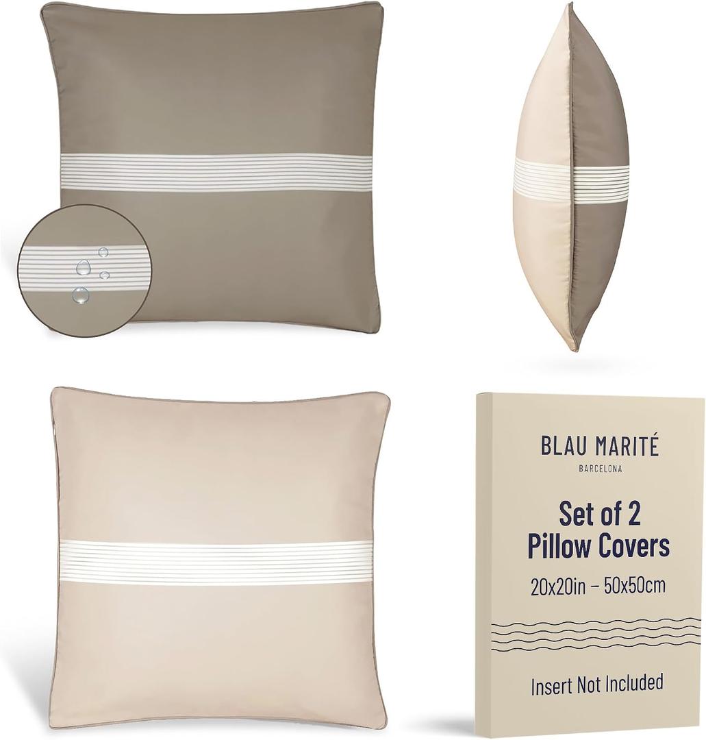 Outdoor Waterproof Pillow Covers Decorative Stripe Cushion Cover in Brown & Beige for Patio, Garden and Balcony 5050 cm - 20x20 in, 2 Pack