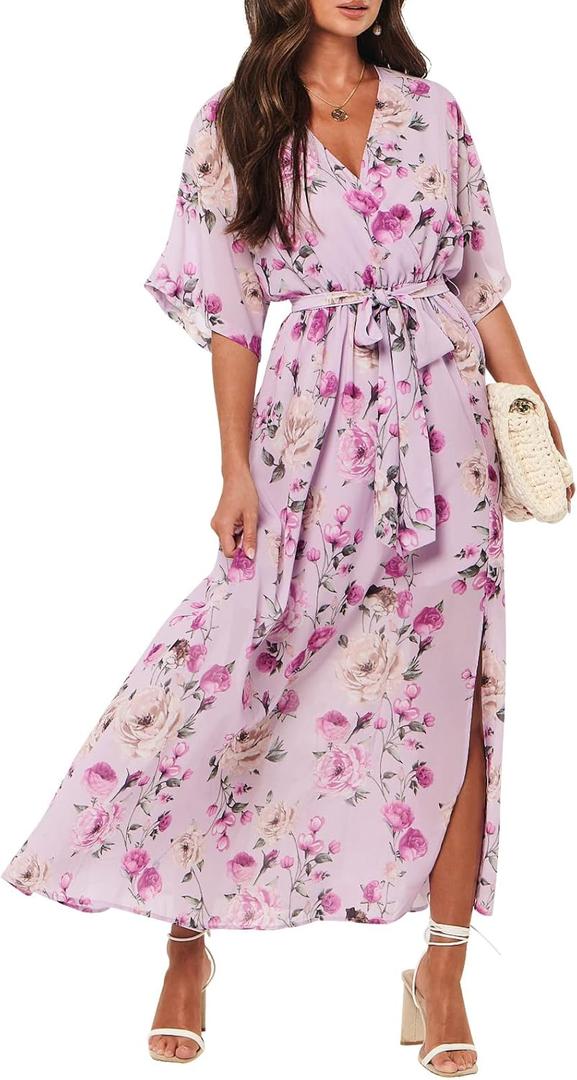 ANRABESS Womens 1/2 Sleeve Beach Wedding Guest Maxi Dresses 2026 Summer Wrap V Neck Boho Floral Flowy Slit Long Dresses (XX-Large)