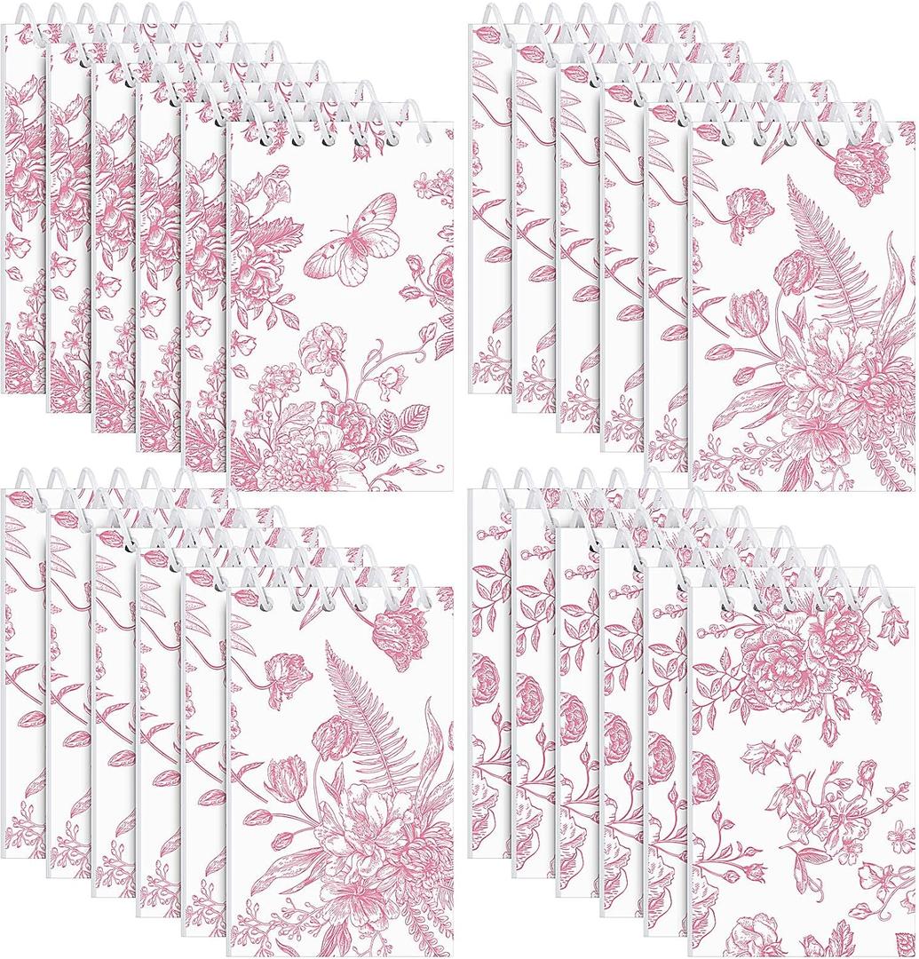 24 Pcs Mini Floral Notepads Small Wildflower Flower Spiral Pocket Notebooks Bulk for Back to School Gift for Student Bridal Wedding Party Favor Gifts Classroom Office Supplies (Pink and White)