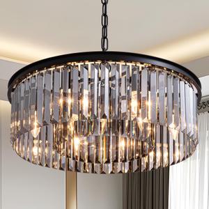 22-Inch Crystal Chandelier for Dining Room, Modern Hanging Pendant Light Fixture with 59" Adjustable Wire,Smoke Gray K9 Crystals, for Living Room, Bedroom, Kitchen Island, Entryway (D21.65" H7.08")
