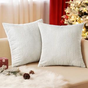 EMEMA Throw Pillow Covers Corduroy Decorative Soft Striped Square Cushion Covers Spring Pillowcases for Couch Sofa Bedroom Chair Car 16x16 Inch Pack of 2, White